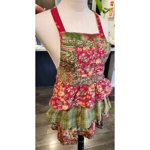 APRIL CORNELL Apron Red Floral Kitchen Bib Ruffled Tiered XS Womens or Youth Sz